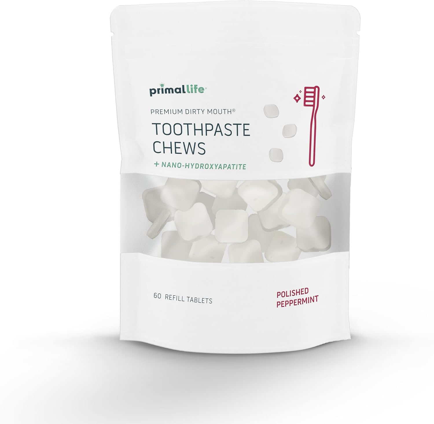 Primal Life Organics Premium Dirty Mouth Toothpaste Chews – Nano-Hydroxyapatite Whitening Toothpaste Tablets for Adults - Gluten Free, Vegan, Paleo - 60 Tablets in Bag - Polished Peppermint
