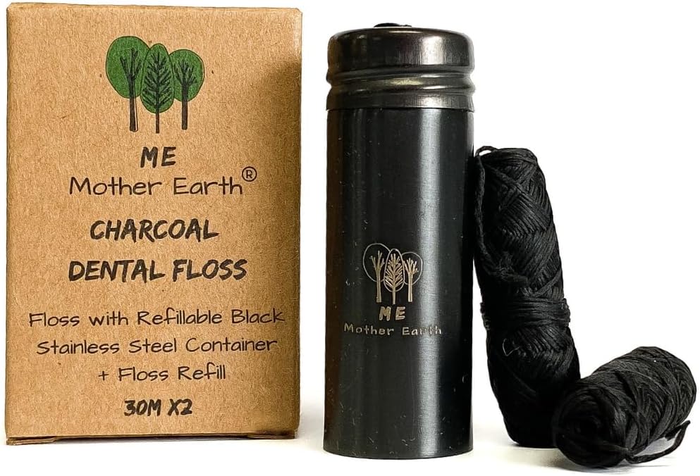 Vegan Biodegradable Bamboo Charcoal Dental Floss with Refillable Black Stainless Steel Container | 30M x2 | Extra Floss| Natural Candelilla Wax | Peppermint | Zero Waste Oral Care