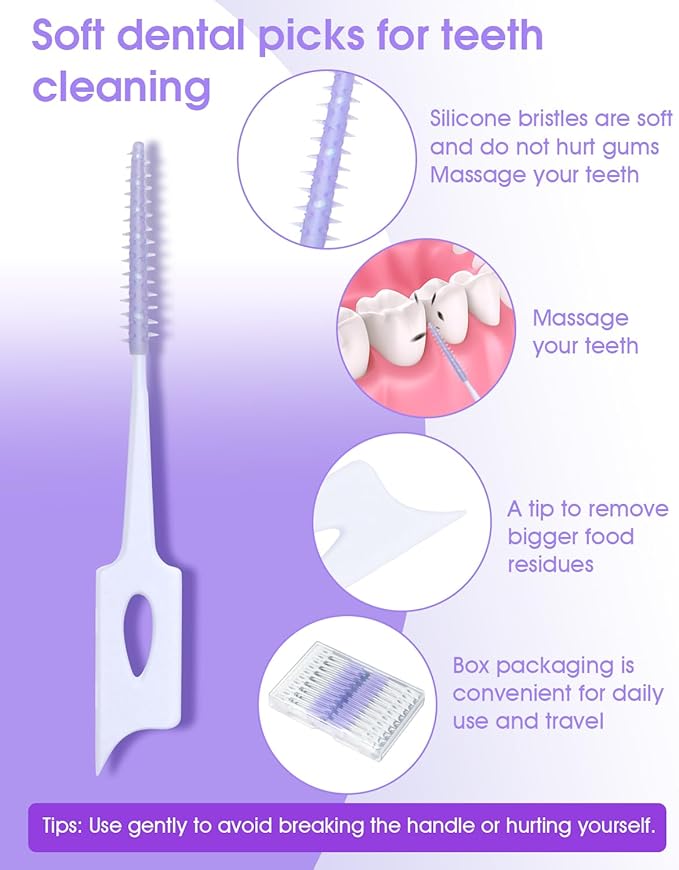 220 PCS Dental Floss Picks, Soft Silicone interdental Brush, Floss Picks for Teeth, Toothpicks Brush Between Teeth, Tooth Flossing Brush with Case, Disposable for Teeth Cleaning, Purple Color
