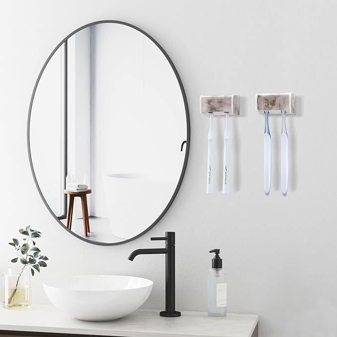 2 PCS Toothbrush Holders Wall Mounted with Cover, Electric Tooth Brushing Holder for Bathroom, 2 Slots Self Adhesive Toothbrush Organizer, Toothbrush Stand for Family, Kids (2, White Marble)