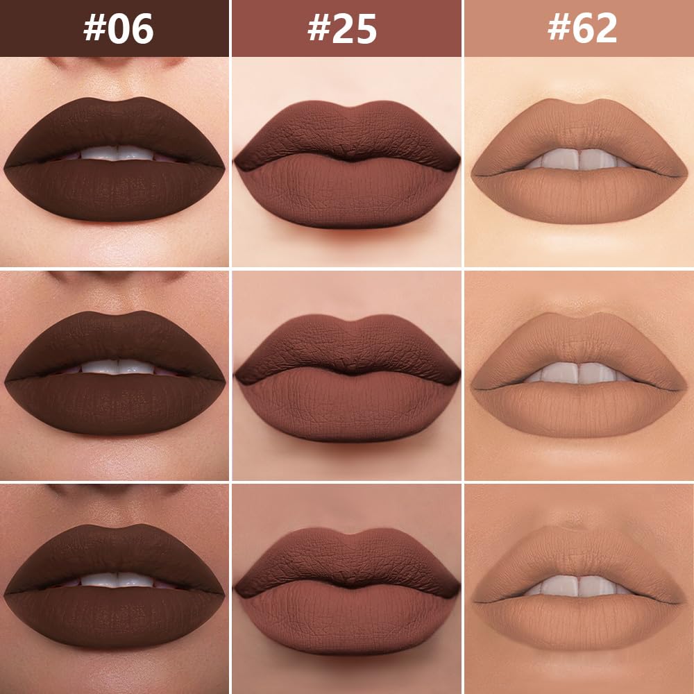 3Pcs 2 in 1 Chocolate Nude Brown True Nude Matte Lip Liner and Liquid Lipstick Stain Makeup Set for women, Long Lasting Smudge Proof Lip Tint Matte Finish Lip Gloss for All-Day Color Hold Set33