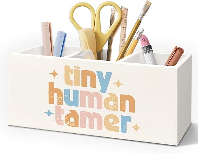 Tiny Human Tamer Gifts Wooden Pen Pencil Holder for Desk Accessories, Funny Preschool Teacher Gifts, Teacher Wood Makeup Brush Toothbrush Holder Organizer for Vanity Bathroom