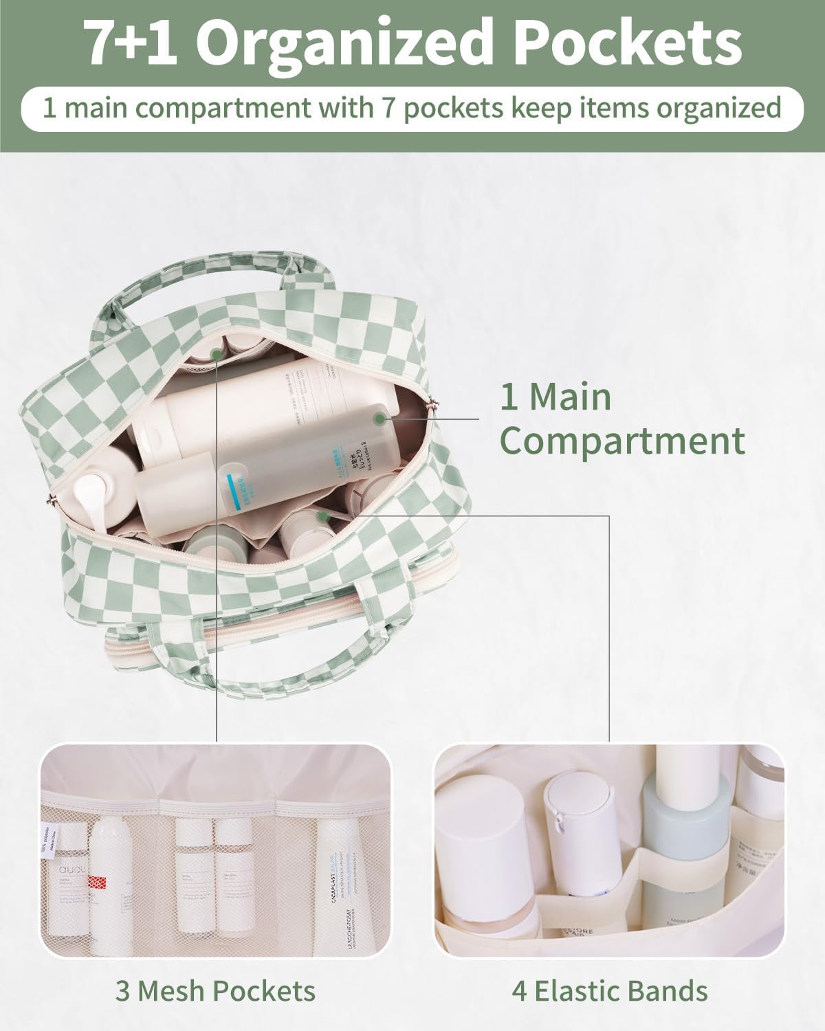 Narwey Large Travel Toiletry Bag for Traveling Women, Cosmetic Makeup Bag Make Up Organizer, Checkered Travel Bag for Toiletries with Handle (Mint Green Checkerboard)