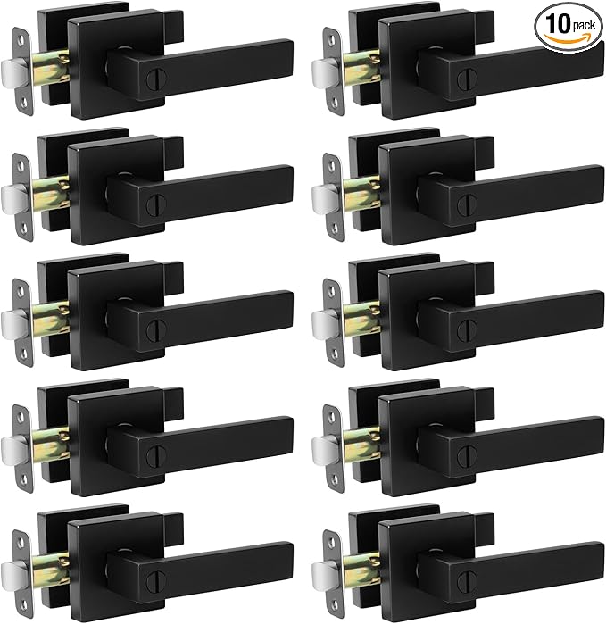 10 Pack Black Door Handle Interior Privacy Door Levers Set, Keyless Square Door Knob Lock for Bedroom or Bathroom, Heavy Duty Door Handles with Reversible Handle for Left Right Sided Doors