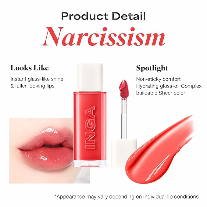 INGA Water Glow Lip Tint | Hydrating, Glossy Korean Lip Tint with Sheer Color & Glass-Like Shine | Long-Lasting, Non-Sticky Korean Lip Stain (NARCISSISM)
