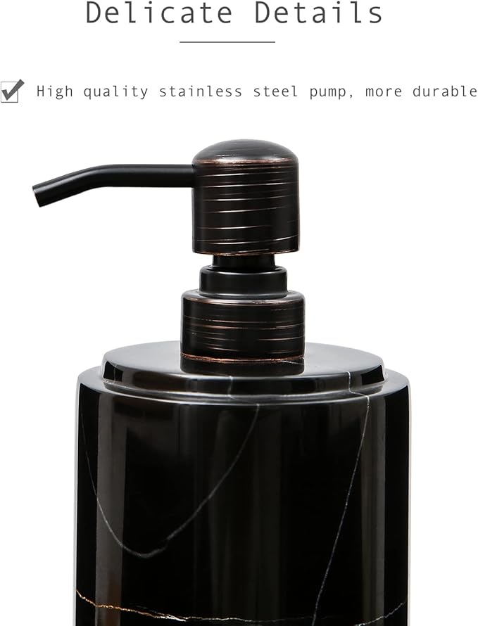 Black Marble Soap Dispenser Hand or Dish for Bathroom & Kitchen - Decorative Natural Marble Stone Liquid Soap/Lotion Dispenser - Stainless Steel Soap Dispenser Easy-Glide Pump - Refillable