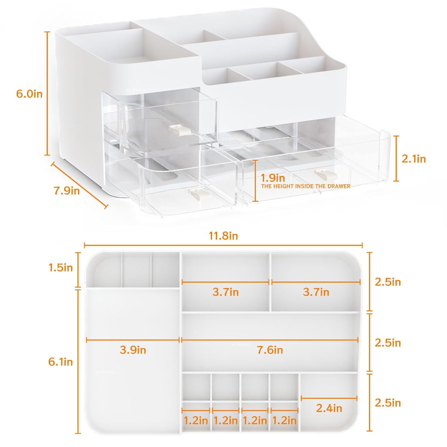 White Makeup Organizer With Drawers,Large Skincare Organizers for Countertop,Desk,Dresser,Plastic Bathroom Counter Organizer for Brush,Palettes,Perfume,Beauty Products Organization,Skin Care Storage