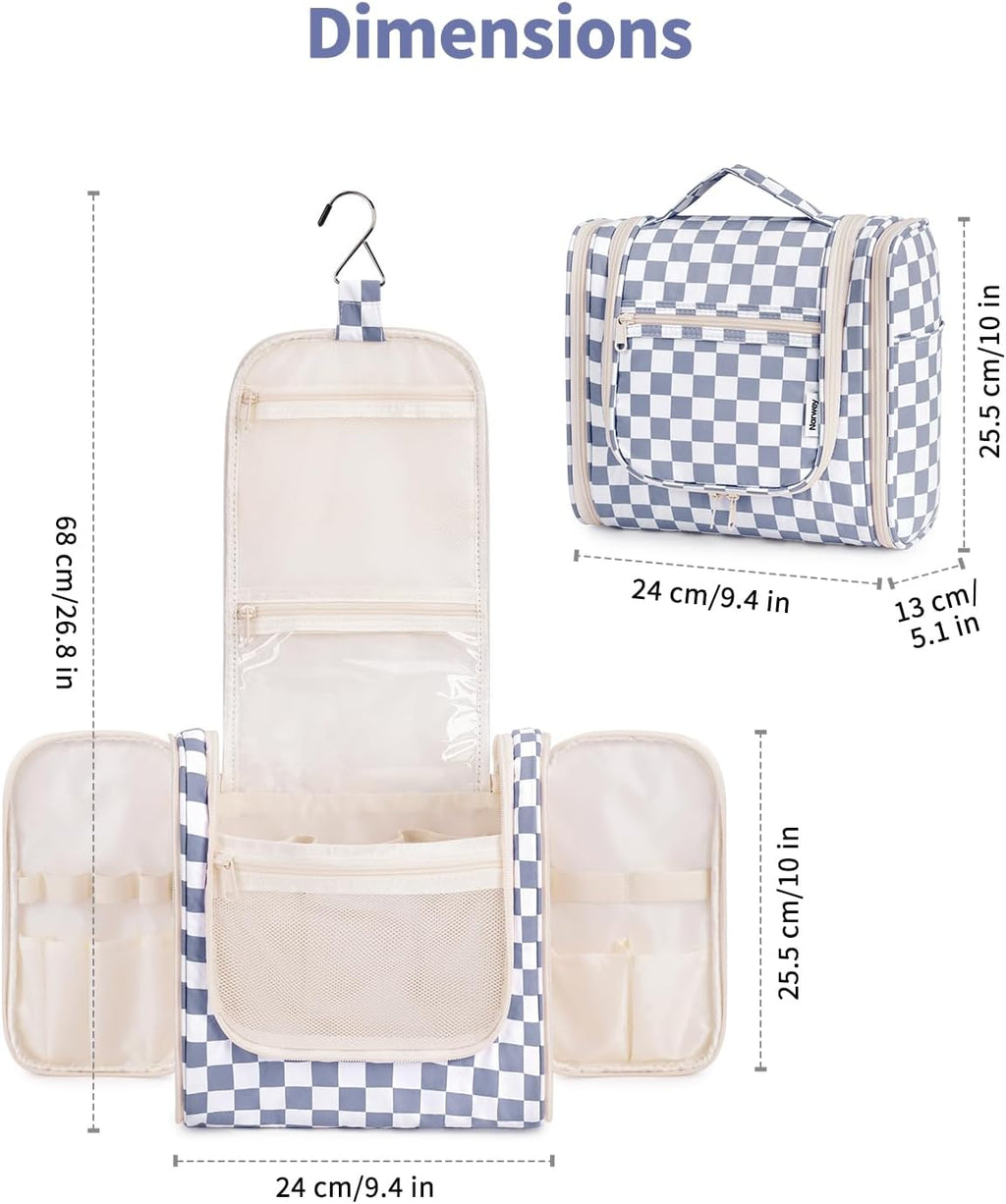 Narwey Checked Hanging Travel Toiletry Bag for Women, Travel Bag for Toiletries, Makeup Bag Organizer Cosmetic Bags Make Up Bags for Women (Grayish Blue Checkerboard)
