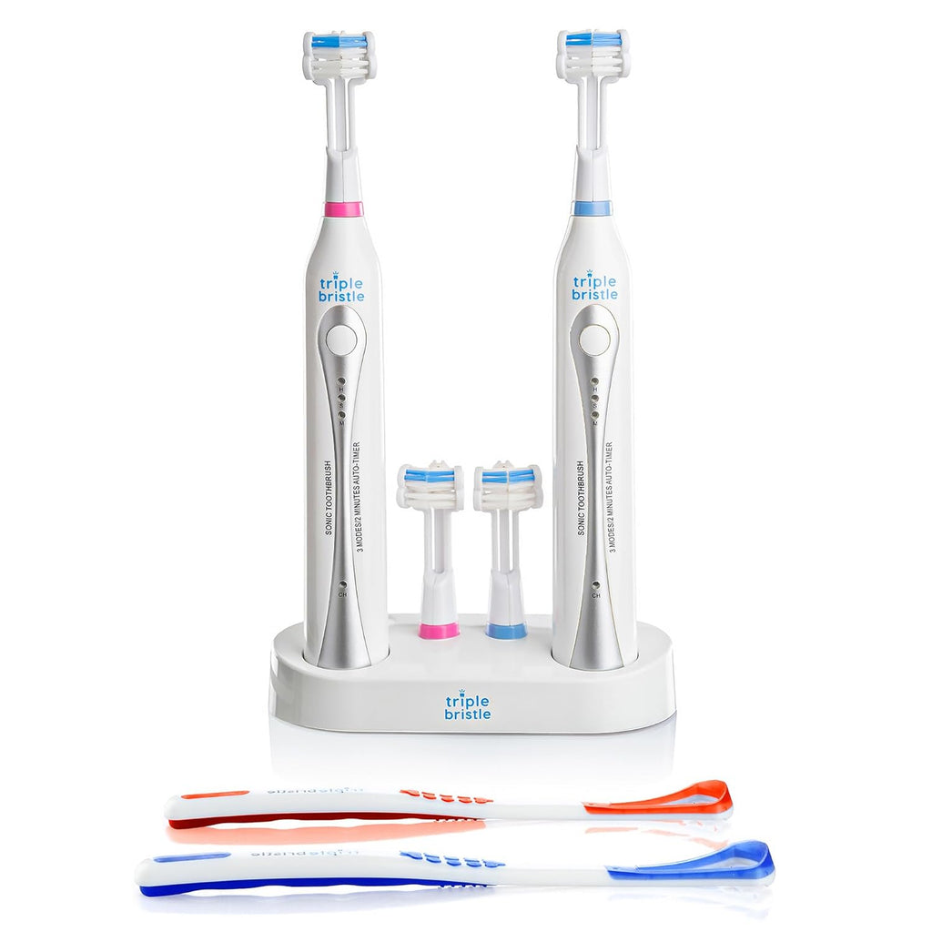 Triple Bristle Duo - 2 Electric Toothbrushes with Dual Charging Station, Patented 3 Head Design, 31,000 VPM, Rechargeable Toothbrush Set for Families & Couples, 3-Sided Sonic Brush