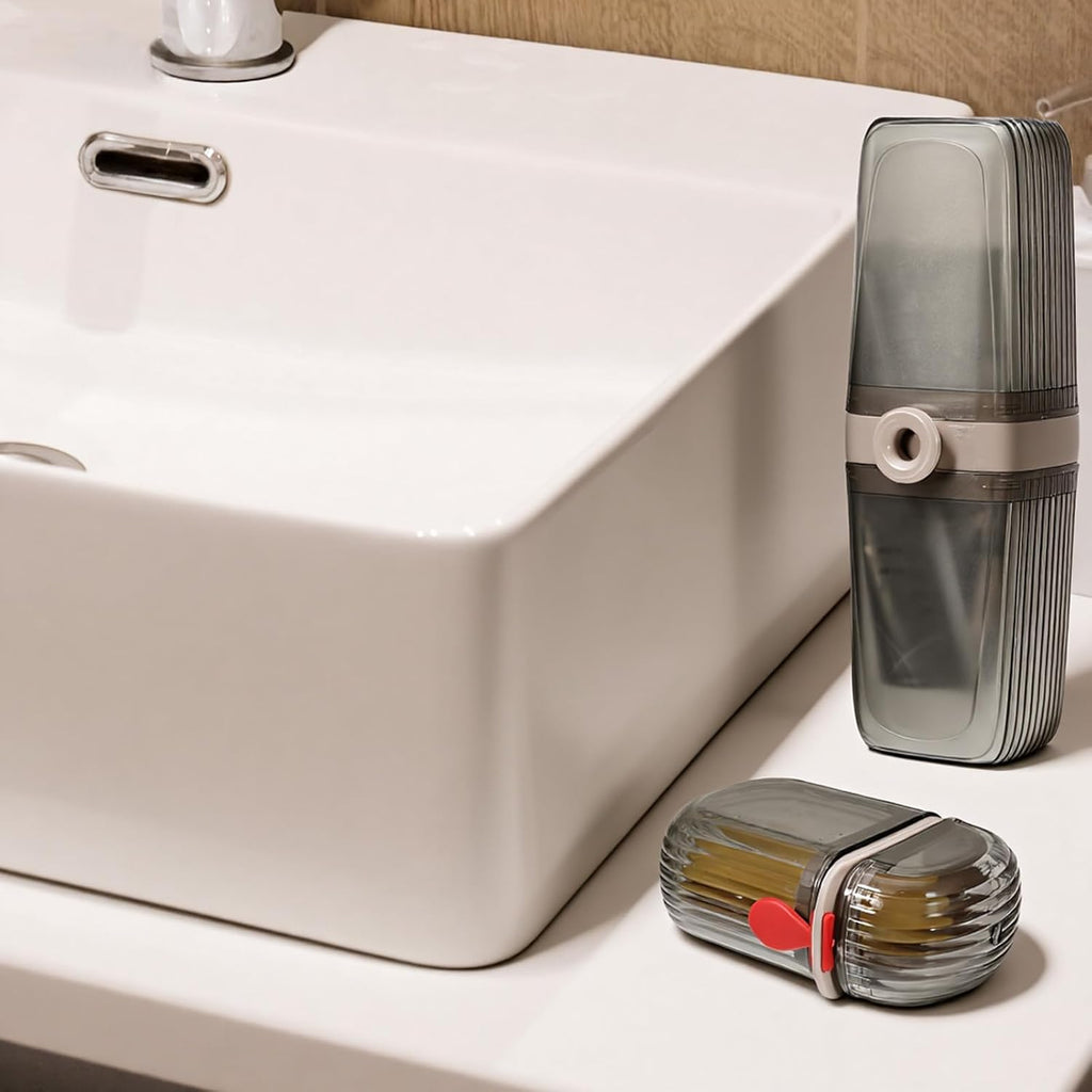 2Pcs Travel Toothbrush Case and Travel Soap Holder Dish Tray, Portable Toothbrush Holders with Cover Leakproof Bar Soap Container Dish Tray for Traveling, Bathroom, Camping, Business Trip Grey