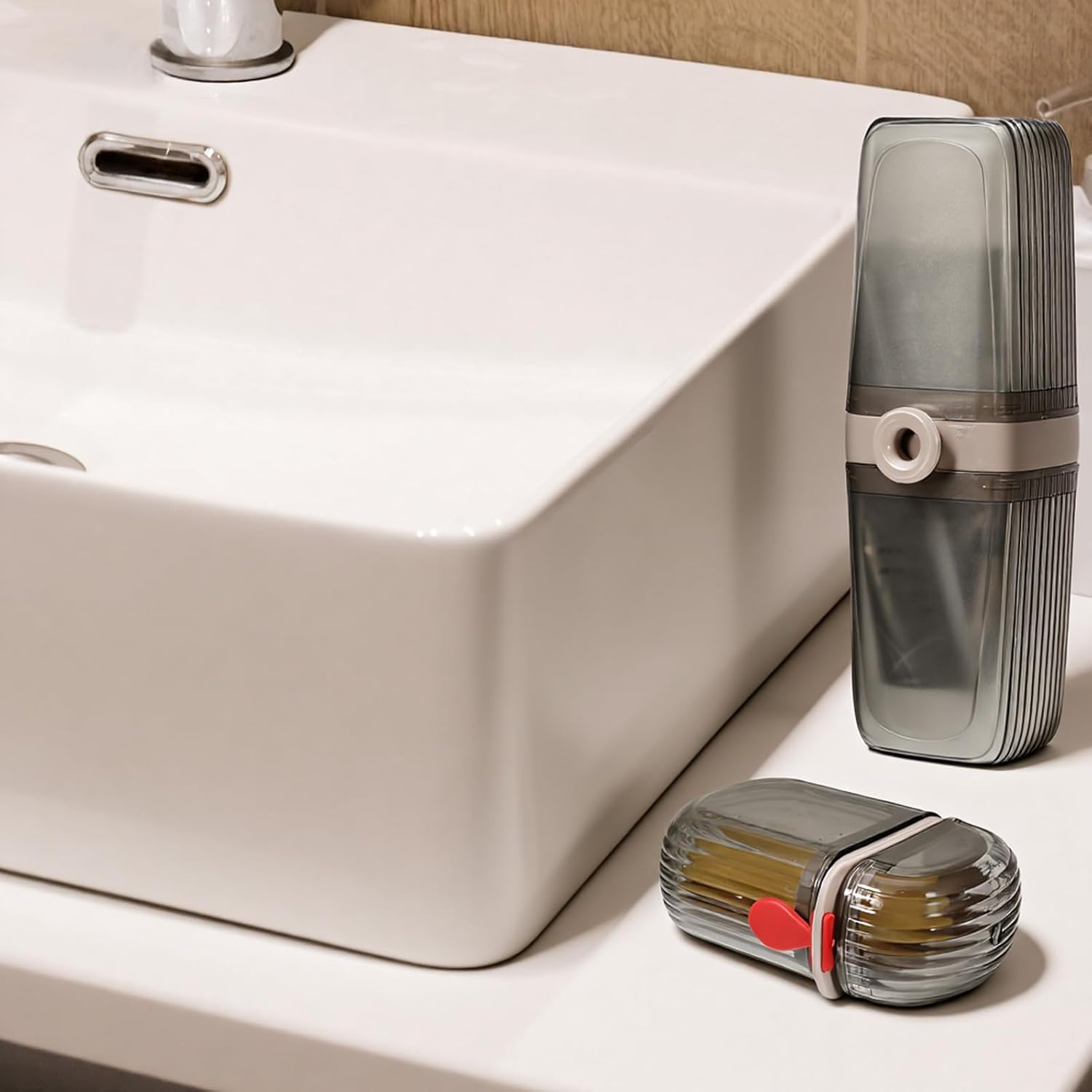 2Pcs Travel Toothbrush Case and Travel Soap Holder Dish Tray, Portable Toothbrush Holders with Cover Leakproof Bar Soap Container Dish Tray for Traveling, Bathroom, Camping, Business Trip Grey