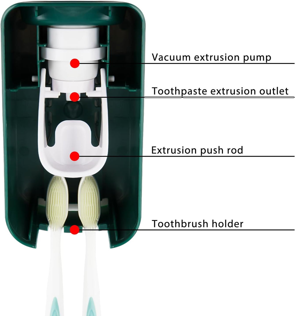 2 Slot Toothbrush Holder and Toothpaste Dispenser Wall Mounted, Automatic Toothpaste Squeezer, 2 in 1 Tooth Brush Toothpaste Organizer for Shower (Green)