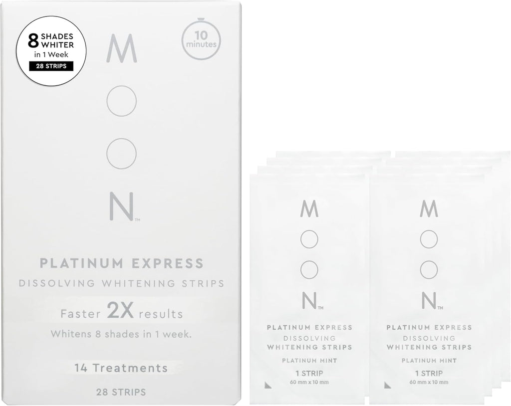 MOON Dissolving Teeth Whitening Strips, 28 Platinum Express No Rinse White Strips, Winter Mint, Hydrogen Peroxide & Essential Oils, Whiten Sensitive Teeth up to 8 Shades in 1 Week, Travel Essentials