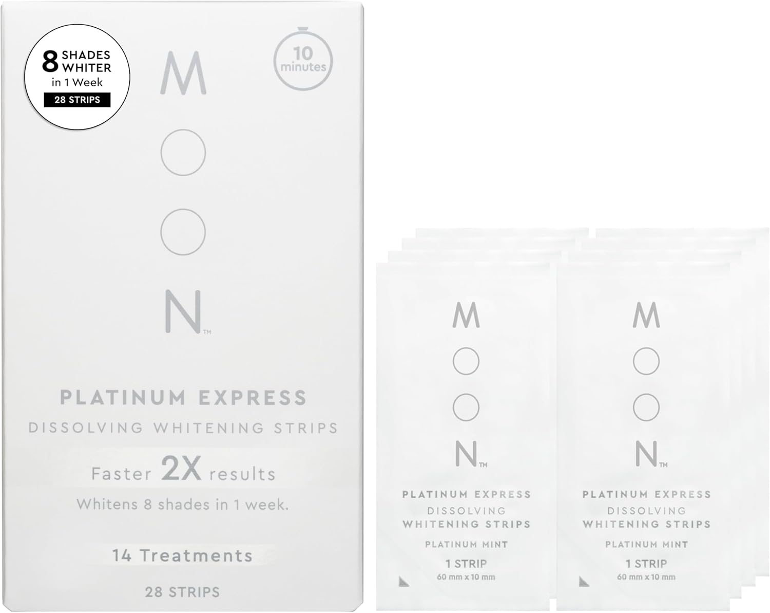 MOON Dissolving Teeth Whitening Strips, 28 Platinum Express No Rinse White Strips, Winter Mint, Hydrogen Peroxide & Essential Oils, Whiten Sensitive Teeth up to 8 Shades in 1 Week, Travel Essentials