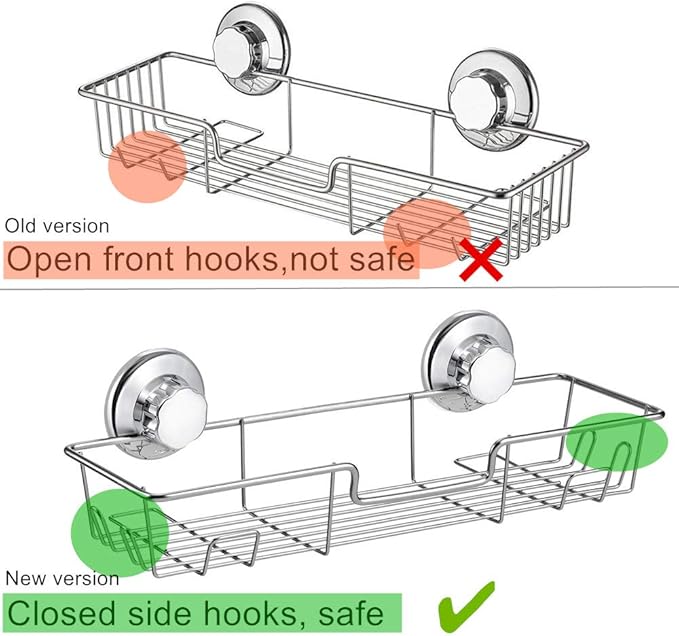 iPEGTOP Strong Suction Cup Adhesive Shower Caddy Bath Shelf Storage with Hooks, Combo Organizer Basket for Shampoo, Conditioner, Soap, Razor Bathroom Accessories - Rustproof Stainless Steel