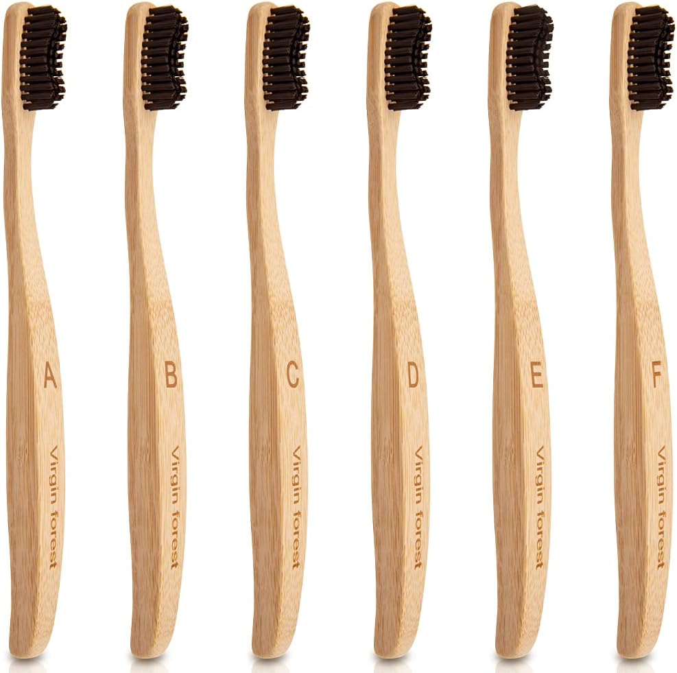 Virgin Forest Bamboo Toothbrush, Natural Eco Friendly Biodegradable Charcoal Tooth Brushes, Pack of 6