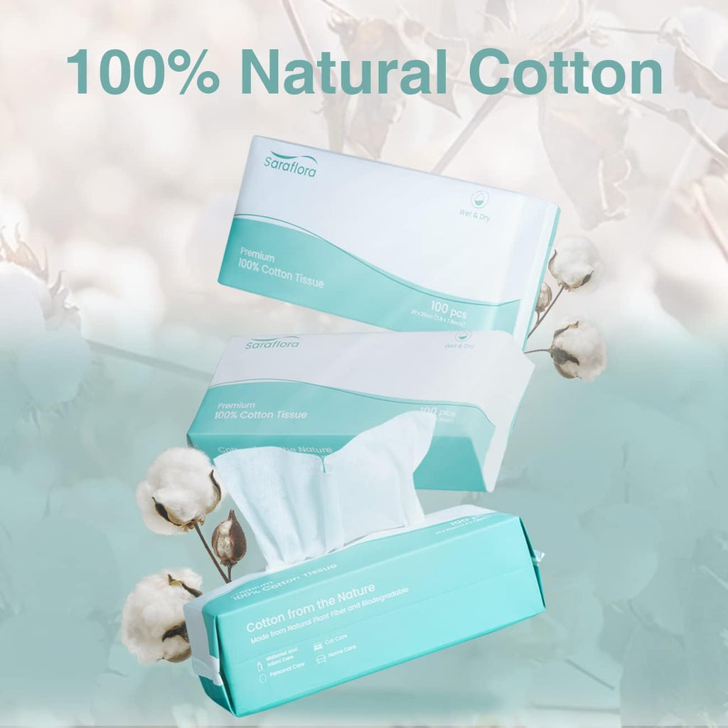 Saraflora 100% Cotton Facial Tissue Soft Dry Wipe 6 Pack, Use for Sensitive Skin Disposable Face Towel Extra Thick Dry and Wet Use Disposable Cotton Tissues for Washing Face Makeup Wipes（600 Count ）