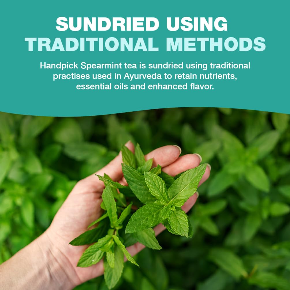 HANDPICK, Spearmint Tea Bags for PCOS relief (100 Herbal Tea Bags) |Refreshing Mint Tea | Non-GMO | Round Eco-Conscious Teabags