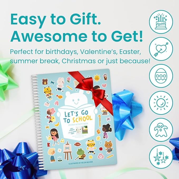 CUPKIN Sticker Book for Kids 2-4, 500+ Kids Stickers, Let's Go to School 12 Coloring Pages 12 Side by Side Scenes, Fun Toddler Travel Activity Coloring and Sticker Books for Ages 4-8 + 8-10