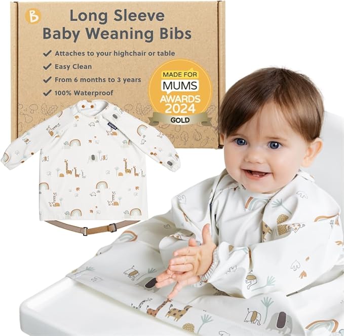 BIBaDO - Long Sleeve Baby Bibs - Babies & Toddlers 6-36 Months - Coverall Baby Led Weaning Bib - Easy Wipe, Soft & Waterproof