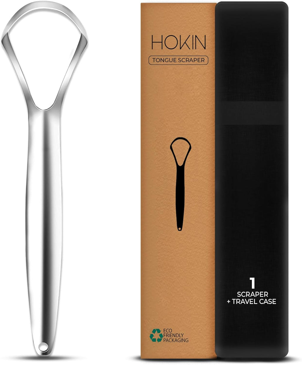 HOKIN Tongue Scraper for Adults with Travel Case (1Pcs Oral Care Pack) - 100% Metal Spoon Shaped Tongue Cleaner, Tough Scraper for Oral Hygiene