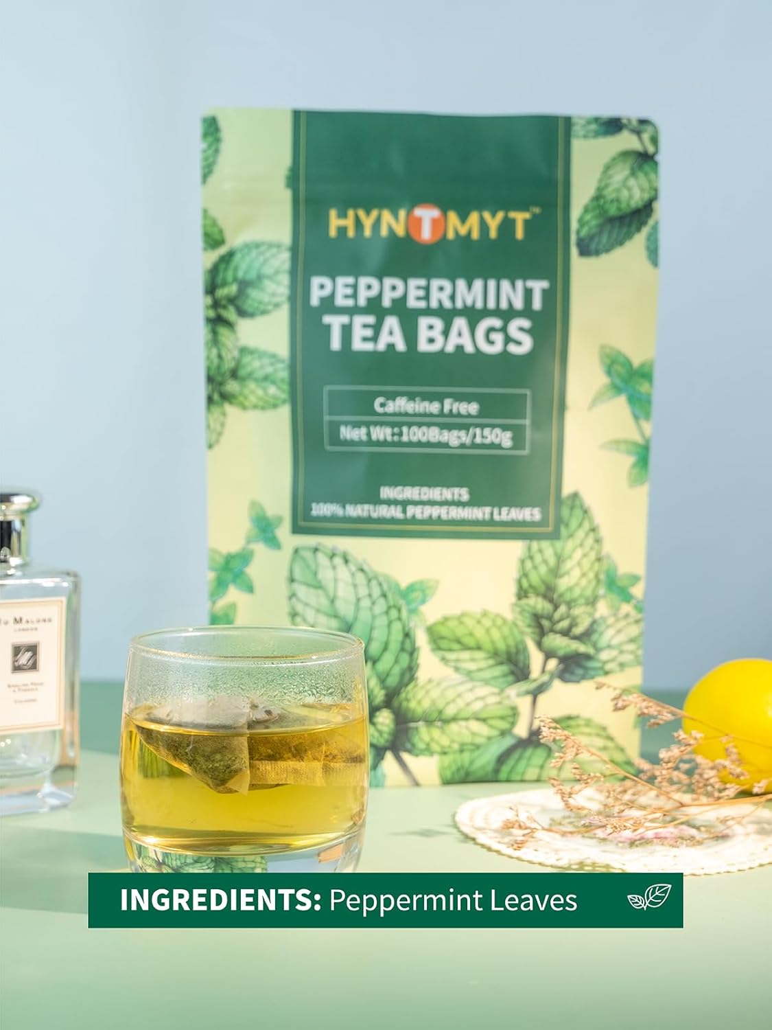 HYNTMYT Peppermint Tea Bags, Natural Peppermint Leaves, Crisp Mint Flavor, Caffeine Free, 100 Count