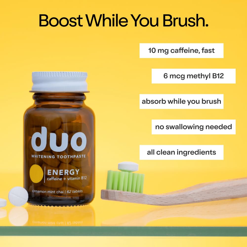 Duo Energy Toothpaste Tablets | Caffeine + B12 w/Nano-Hydroxyapatite (nHa) - Whitening, Remineralize & Reduce Sensitivity | Sustainable & Plastic Free | Cinnamon Mint Chai, 1 BTL/62 Tablet