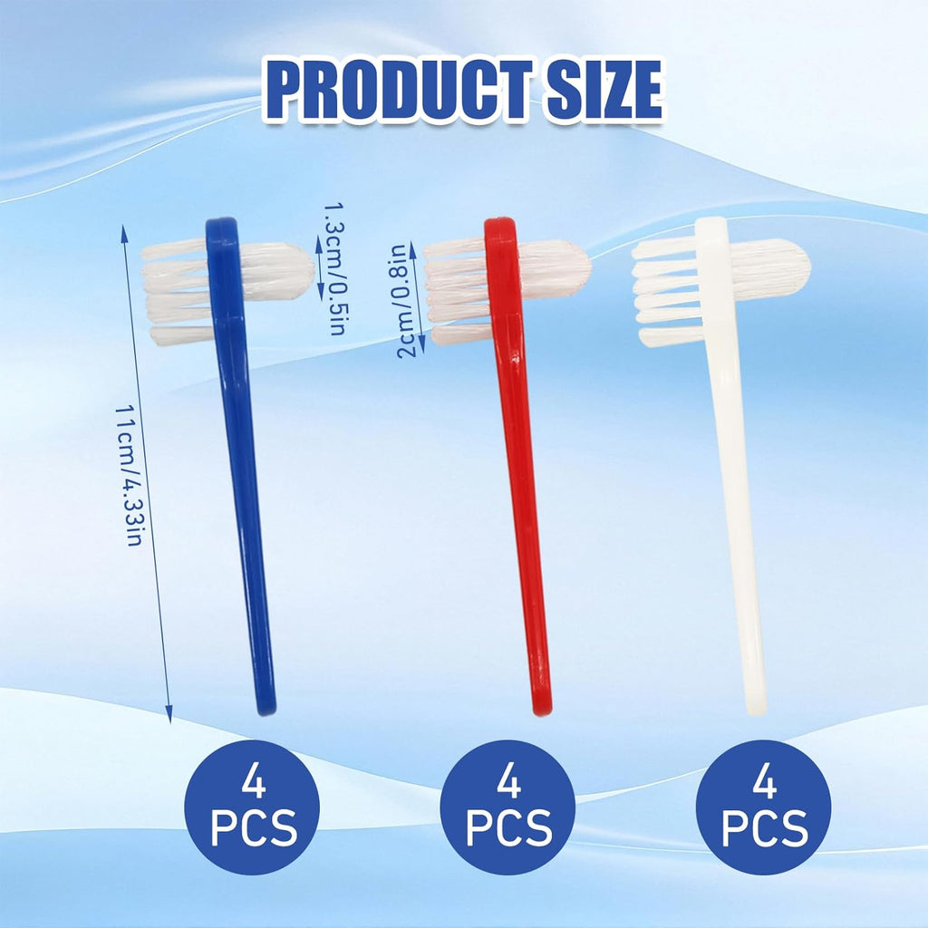 12pcs Denture Brush Dual, Head Portable Firm Hard Bristle Denture Toothbrush,Denture Cleaning Brush Retainer Brush Dental Toothbrush for False Teeth, Clear Braces and Mouth Guards(White,Blue, Red）