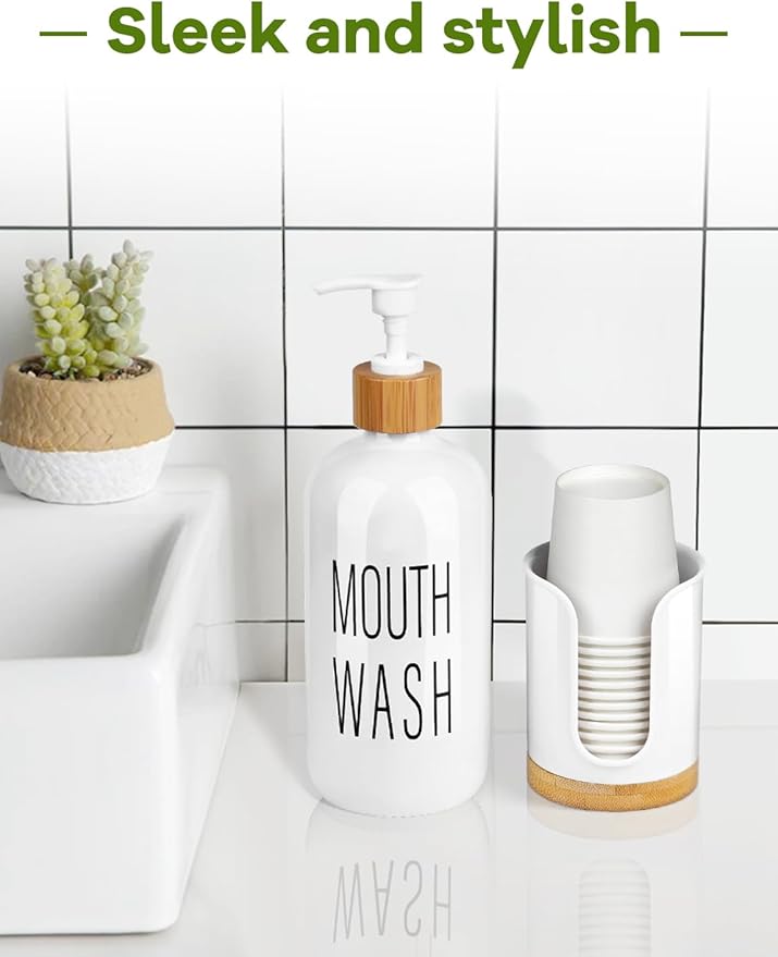 Bathroom Cup Holder - Small Cup Dispenser for Dixie 3 oz Bathroom Cups, 3 4 Ounce Mouthwash Cup Dispenser - PC/Bamboo, White, Pack of 2