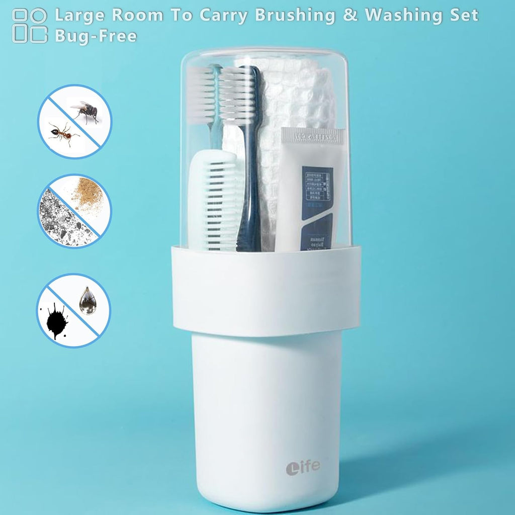 Travel Toothbrush Holder for Bathroom, 2-in-1 Secure Seal Storage Cups, 2-Pack, White and Pink