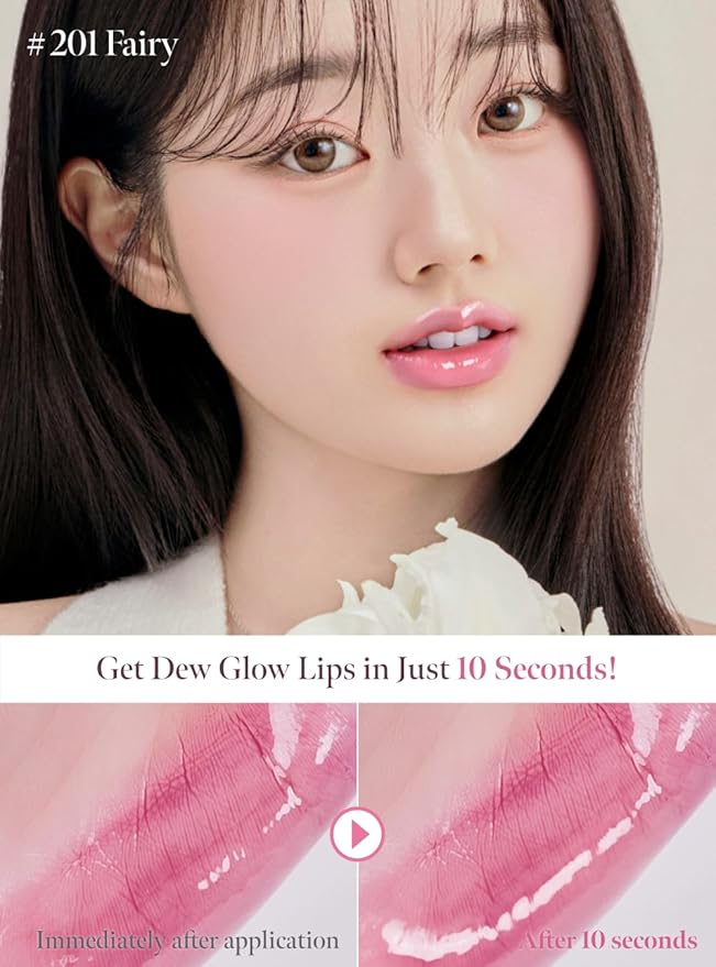 Dew Drop Tint #201 Fairy 4.5g, Glossy, Lightweight Lip Stain, Glass-Like, High Shine, Moisturizing Lip Oil, Long Lasting Color, Hydrating Gloss, Dewy Finish, Korean Beauty Makeup