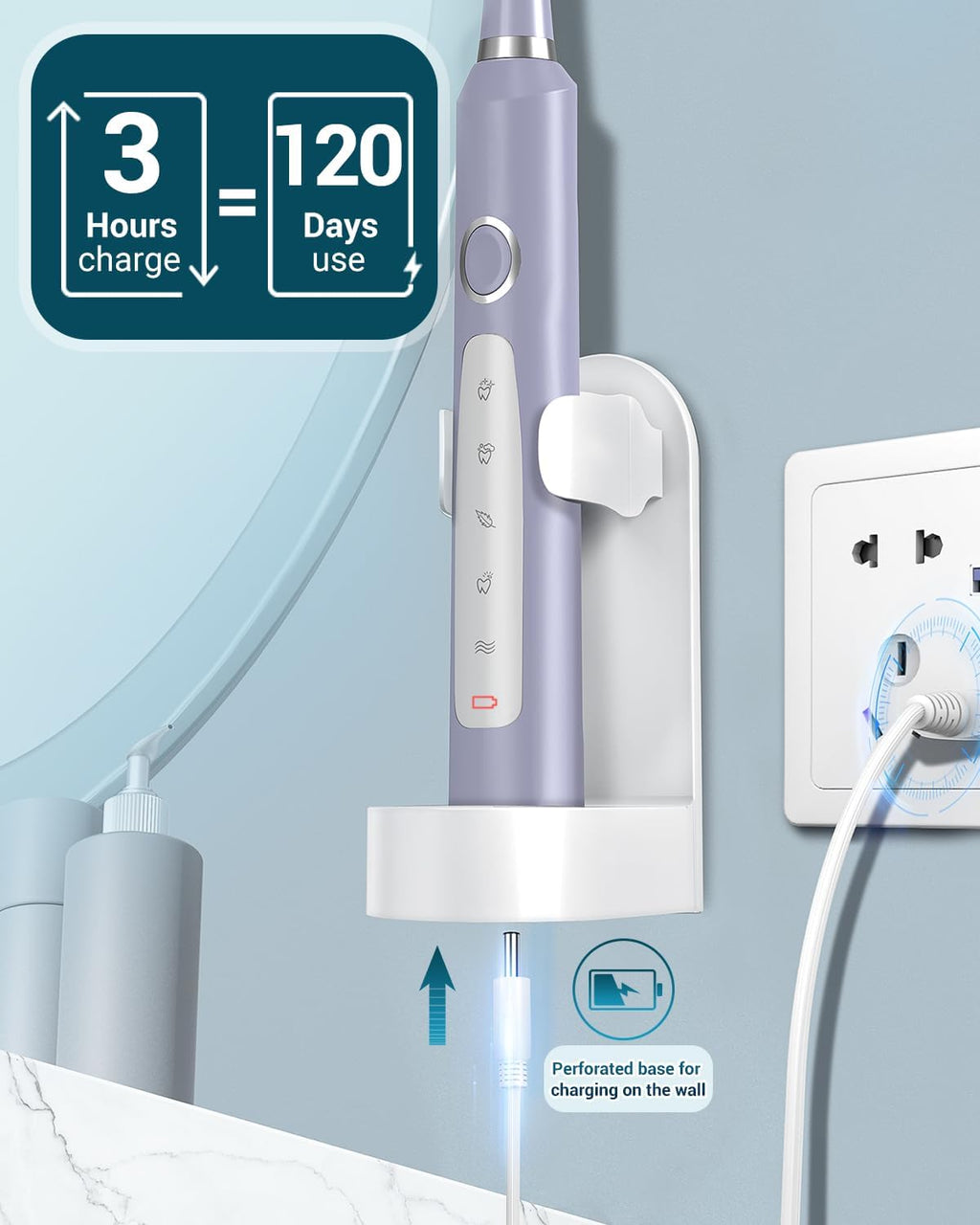 Rtauys M5 Sonic Electric Toothbrush for Adults and Kids - Rechargeable Electric Toothbrush Kids Ages 12+ and Adults with 8 Brush Heads & Travel Case, 120 Days Battery Life - Light Purple