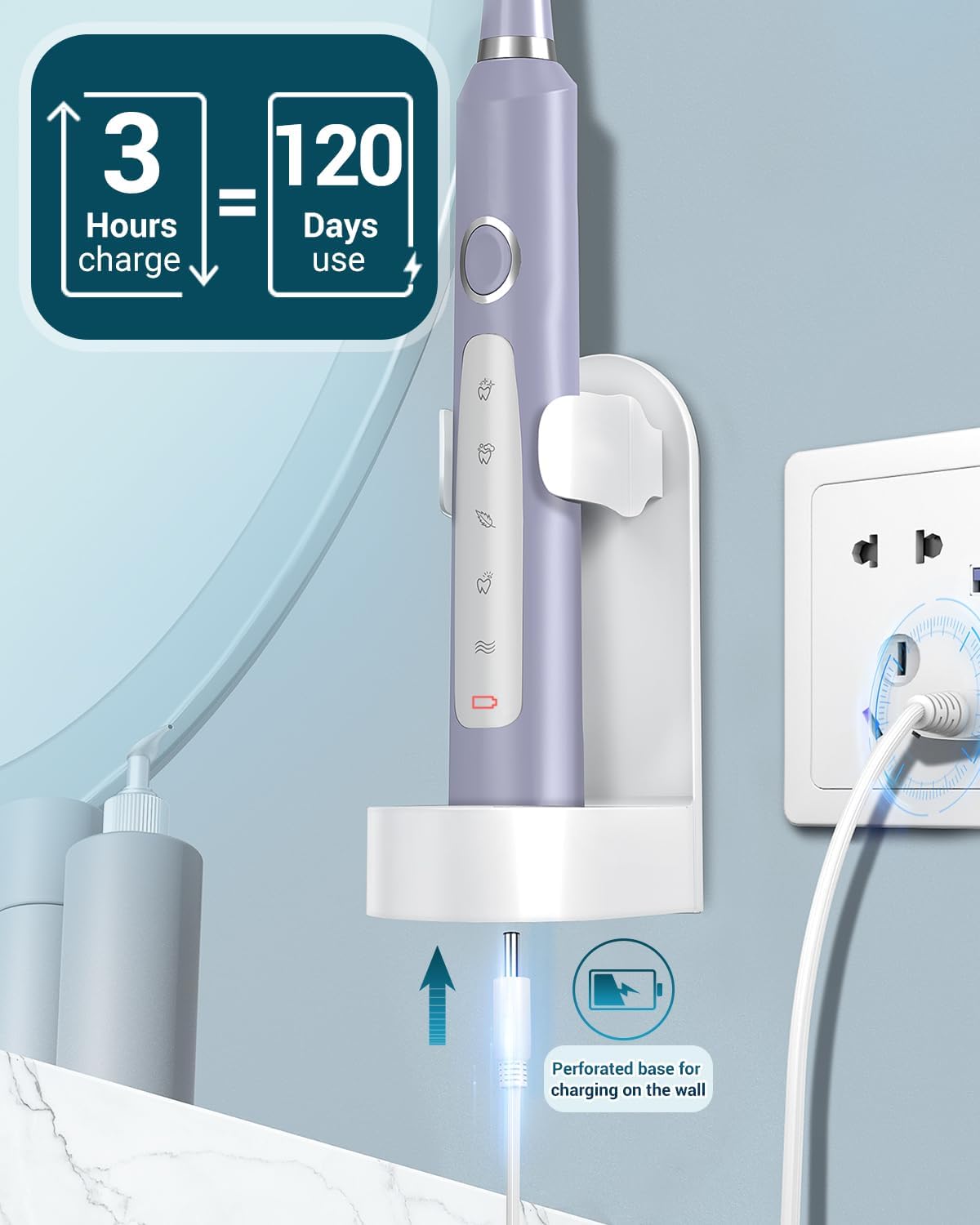 Rtauys M5 Sonic Electric Toothbrush for Adults and Kids - Rechargeable Electric Toothbrush Kids Ages 12+ and Adults with 8 Brush Heads & Travel Case, 120 Days Battery Life - Light Purple