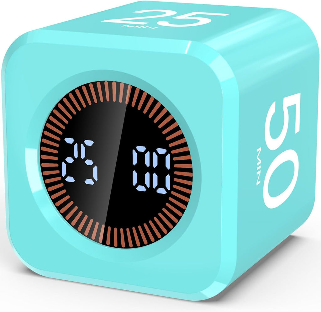 Pomodoro Timer Cube Visual Productivity Flip Timer for Kids Classroom Desk, 5/10/25/50min&Custom Countdown, Silent&Sound Mode Digital Cube for ADHD Study Work School Game Kitchen (Mint Green)