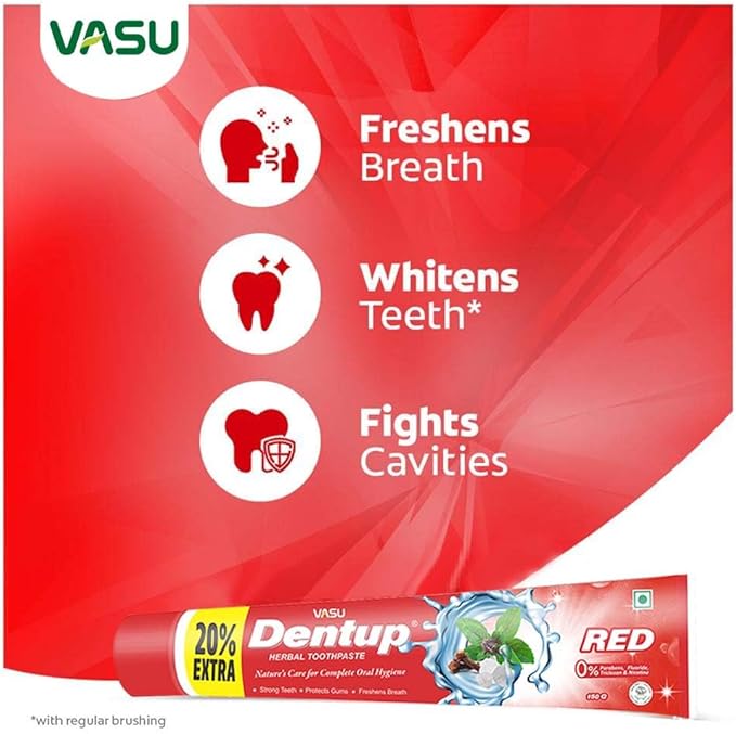 Vasu Dentup RED Herbal Toothpaste - Herbal Oral Care with Clove Oil & Mint - Fluoride-Free Natural Toothpaste for Daily Use - Fights Plaque, Freshens Breath, Soothes Gums - 5.03 fl.oz each (Pack of 2)