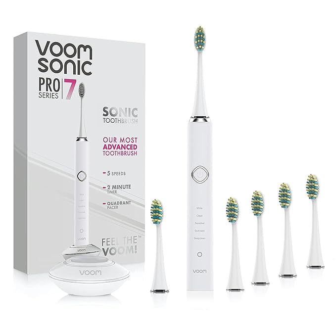 Voom Sonic Pro 7 Rechargeable Electronic Toothbrush + Pro 7 Series Replacement Brush Heads - 2-Minute Timer with Quadrant Pacing & 5 Adjustable Speeds,Soft Dupont Nylon Bristles Oral Care - White