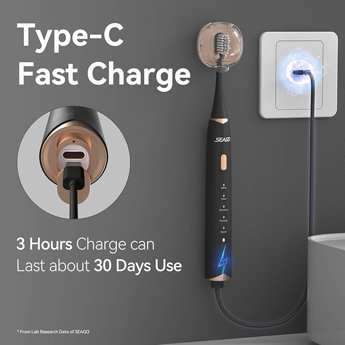 SEAGO Electric Toothbrush for Adults with Pressure Sensor, Sonic Toothbrushes Holder Wall Mounted, 30 Days Battery Life, 5 Cleaning Modes, 8 Replacement Heads, Timer & IPX7 Waterproof (Black, Middle)