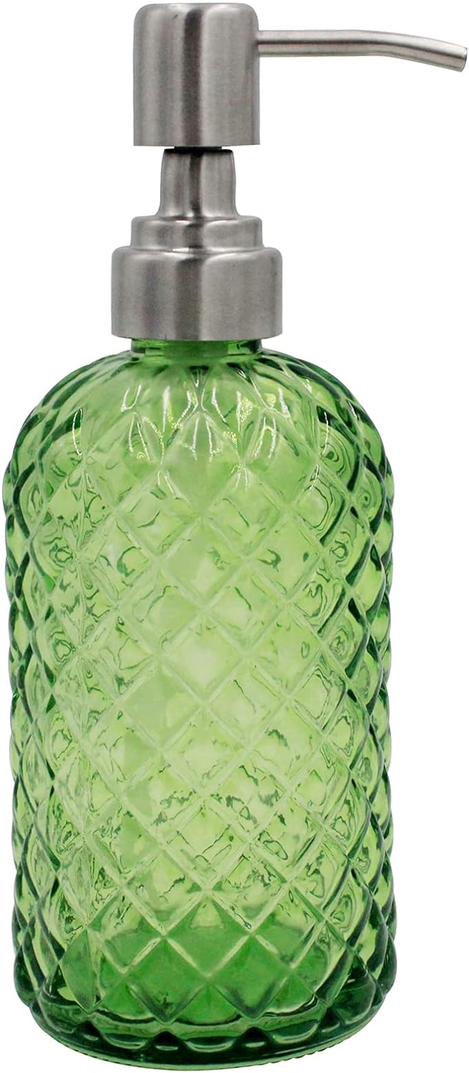 16 oz Diamond Pattern Glass Soap Dispenser, Kitchen and Bathroom Refillable Soap Dispenser with Rust Resistant Stainless Steel Pump for Hand Soap, Lotion Glass Liquid Dispenser(Green)