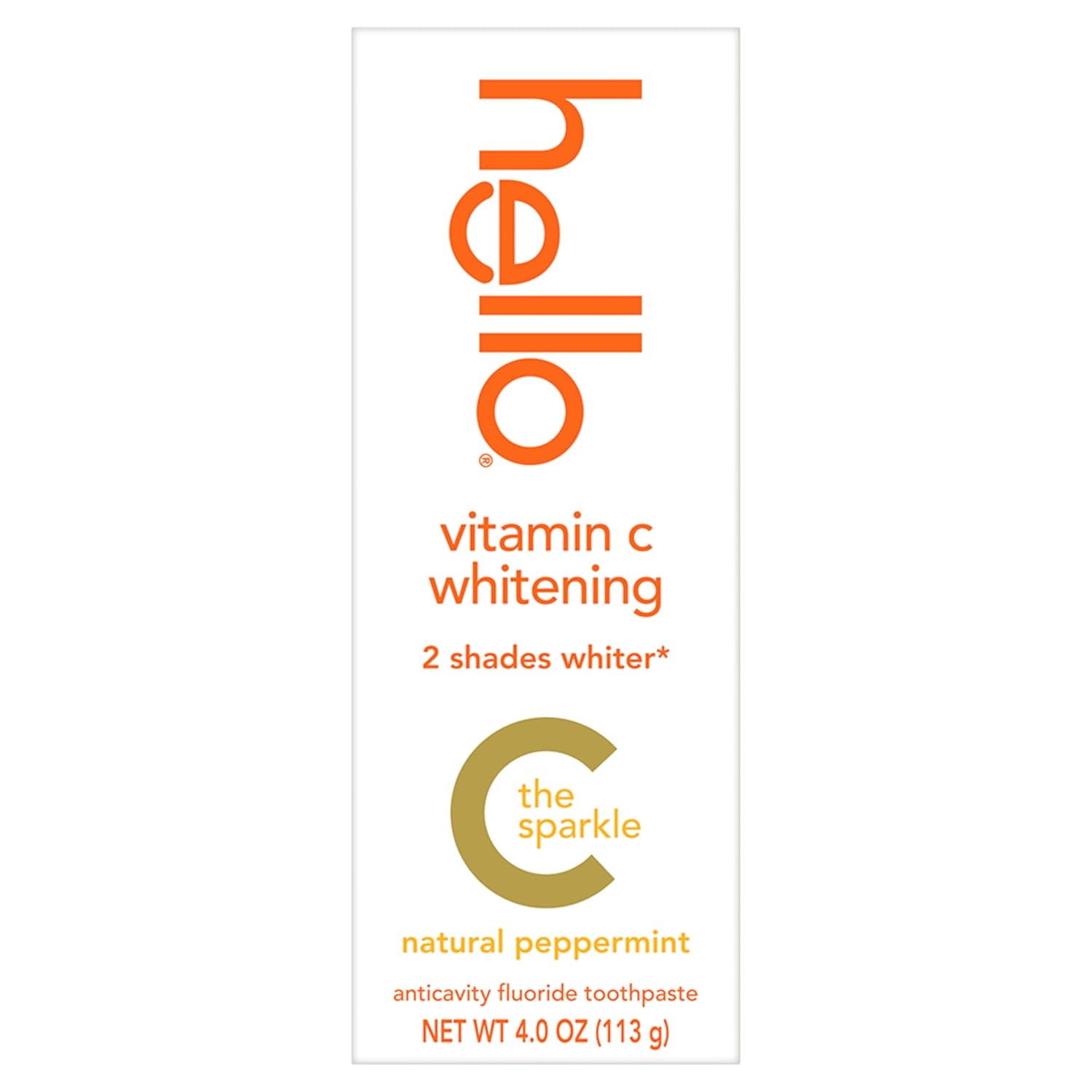 hello Vitamin C Whitening Toothpaste with Fluoride, Whitening SLS Free Toothpaste, Up to 2 Shades Whiter Teeth, No Peroxide, Safe for Everyday Use, Natural Peppermint, 4.0 Oz