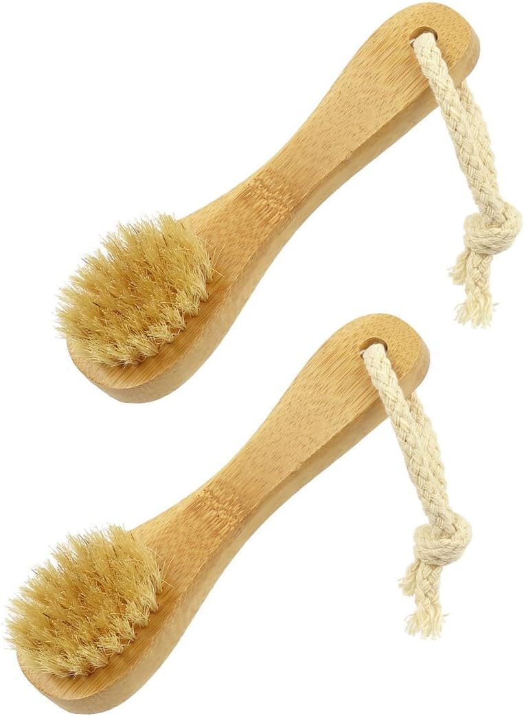 2 Pack 5.7" Bamboo Handle Dry Facial Cleansing Brush with Natural Boar Bristles, Face Brush Cleanser Skin Care Exfoliating Brush Scrubber.