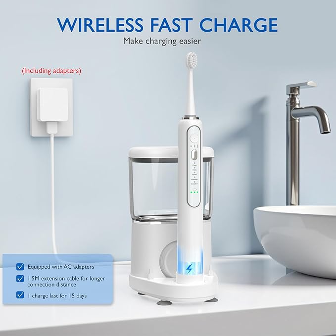 Electric Toothbrush with Water Flosser - Wireless Charging 3 in 1 Flossing Toothbrush - 500ML Professional Cordless Brush and Flosser in One - 5 Brush Modes & 3 Floss Speed (White)