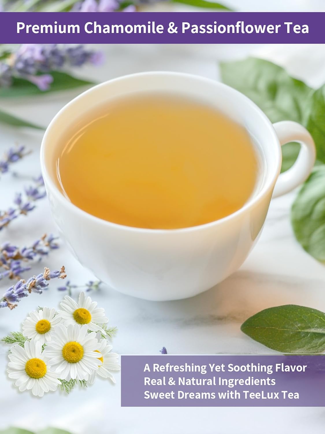 TeeLux Chamomile Passionflower Tea, Caffeine Free Tea with Lemon Balm, Spearmint, Valerian Root, Lavender, Soothing & Smooth Taste, 50 Count