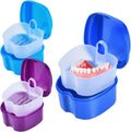 3 Pack Colors Denture Bath Case Cup Box Holder Storage Soak Container with Strainer Basket for Travel Cleaning (Blue, Light Blue, Purple)