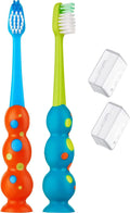 Trueocity Kids Toothbrush 2 Pack - Soft Contoured Bristles - Child Sized Brush Heads (3-10 Year Old) - Suction Cup for Fun & Easy Storage - Girl & Boy Set (2-Pack, Blue & Orange)