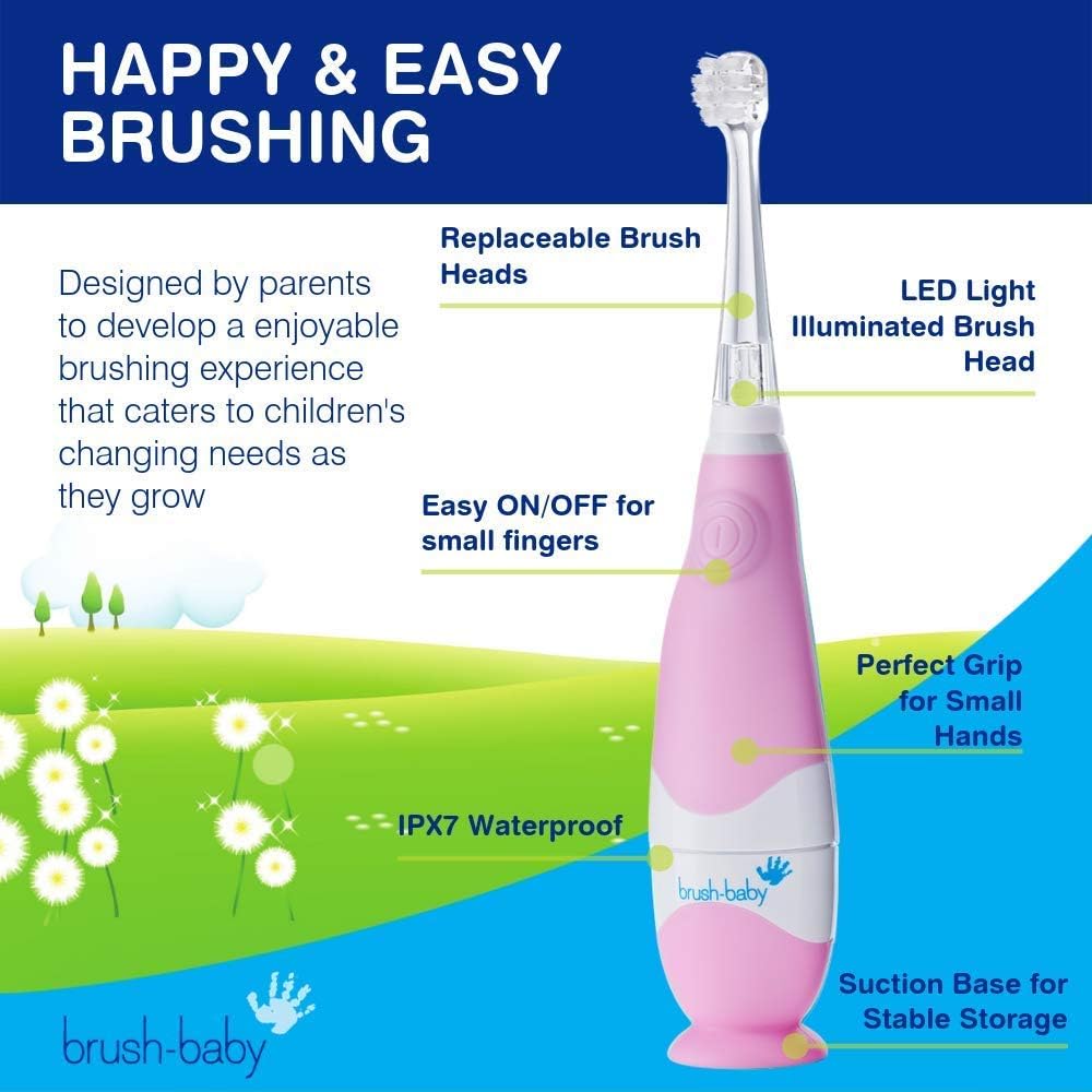 brush-baby BabySonic Infant and Toddler Electric Toothbrush for Ages 0-3 Years - Smart LED Timer and Gentle Vibration Provide a Fun Brushing Experience - Includes 2 Sensitive Brush Heads (Pink)