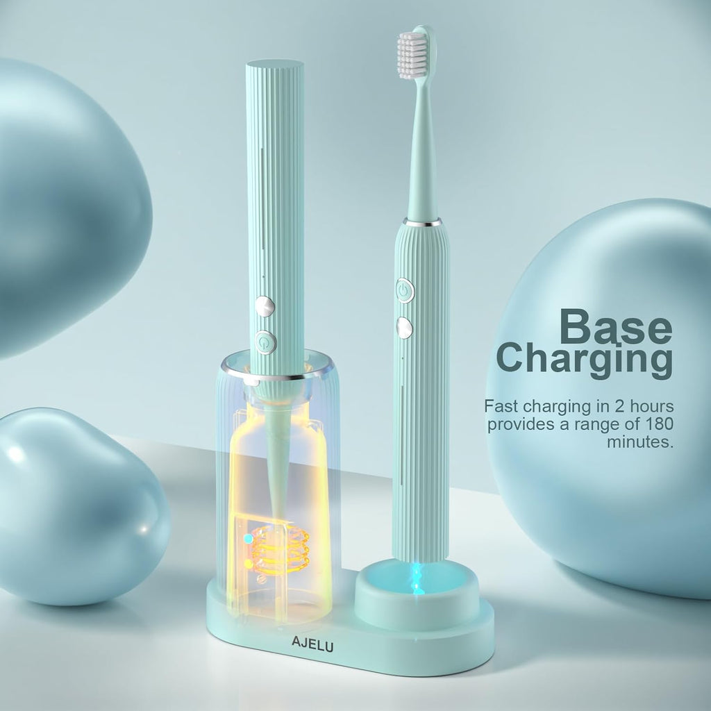 Rechargeable Sonic Toothbrush with Drying Holder, 8 Brush Heads, Smart Timer, Waterproof Design – Mint Green Edition