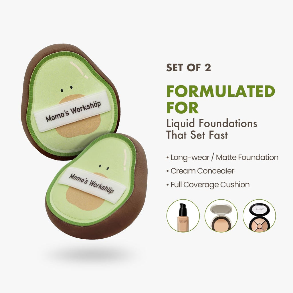 Momo’s Workshop Avocado Makeup Sponge-Hydropolyurethane Foundation Sponge for Buildable Coverage, Dry&Wet Use with PU Leather Handle, Beauty Tool,2pcs Makeup Puffs With Storage Case