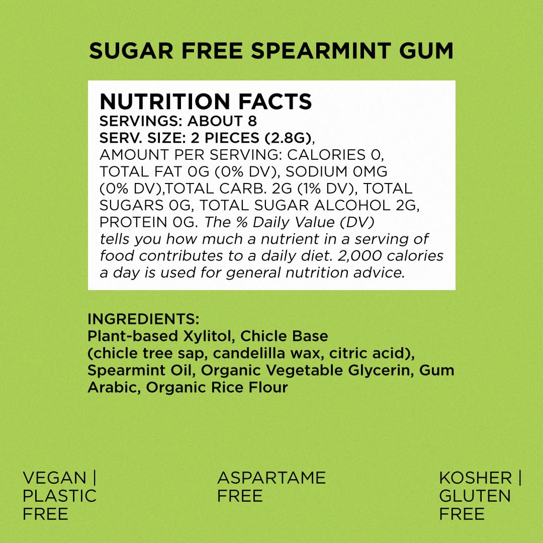 SIMPLY Gum | Dental Gum | Xylitol Chewing Gum - Sugar Free | Spearmint | Pack of Six (90 Pieces Total) | Synthetic Plastic Free + Sugar Free + Aspartame Free