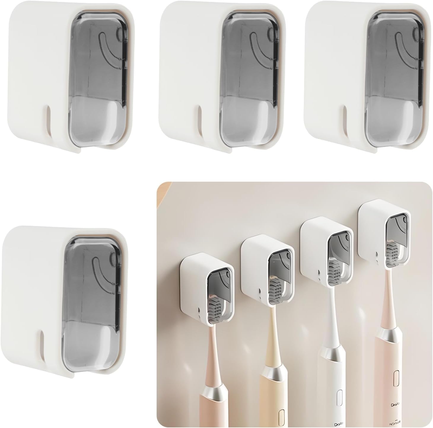 4PC Wall Mounted Toothbrush Holder Set with Cover, Waterproof and Dustproof Electric Toothbrush Holders, Durable ABS+PS Material, Suitable for 99% of Toothbrushes, Bathroom Tooth Brush Holder