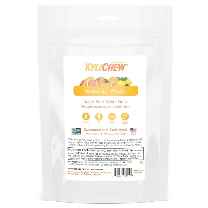 Xylichew 100% Xylitol Chewing Gum - Non GMO, Non Aspartame, Gluten Free, and Sugar Free Gum - Natural Oral Care, Relieves Bad Breath and Dry Mouth - Fruit, 500 Count